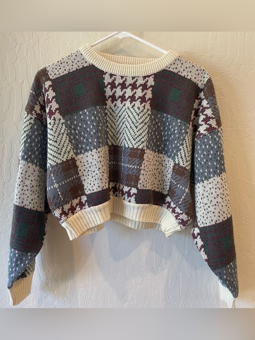 Vintage Prima Maglia Patchwork Houndstooth Cropped Crewneck Sweater Grandpa S/M